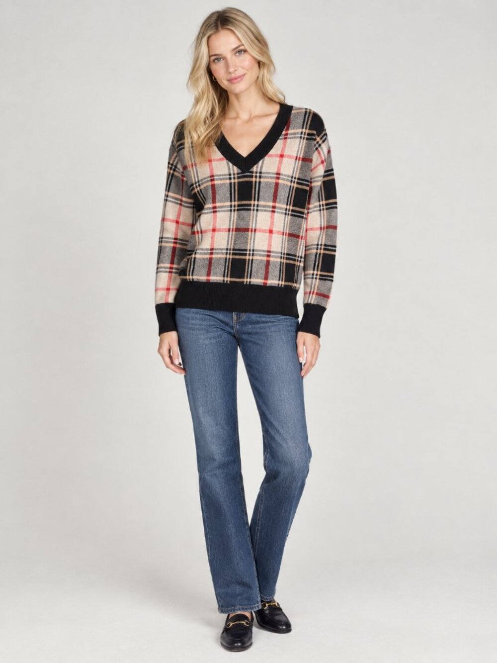 TAHARI Plaid Mixed Media V-Neck Sweater Black Cream Small #A4570